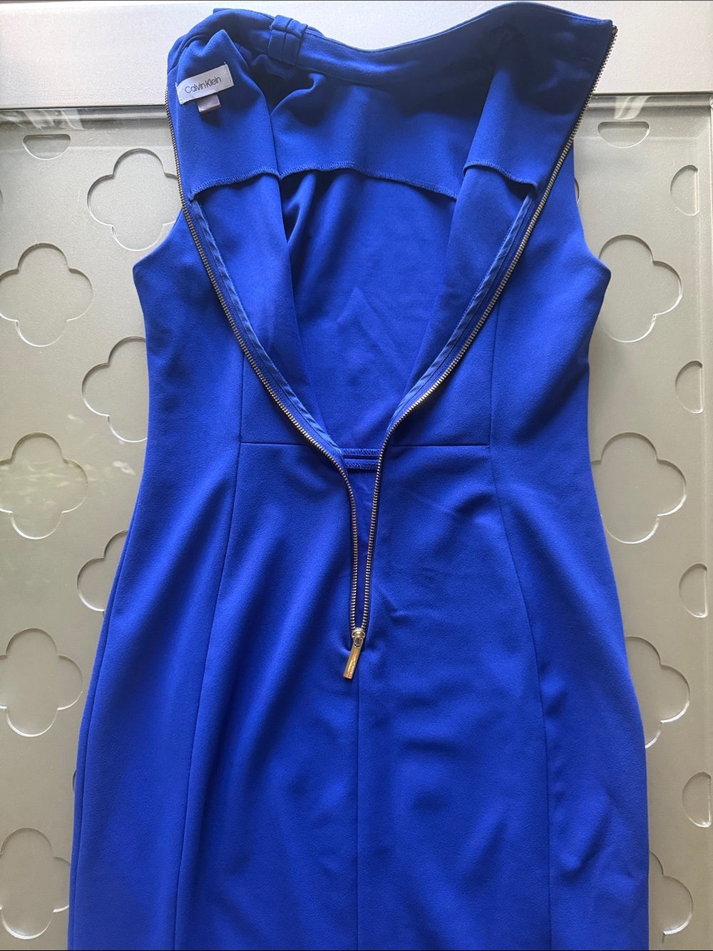 CALVIN KLEIN Royal Blue Tie Neck Sheath Dress Sleeveless Women’s Size 10 - Picture 11 of 13